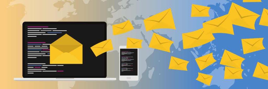 Image of a laptop screen and a mobile phone screen with lots of yellow coloured envelopes flying out of it to describe email marketing for an event